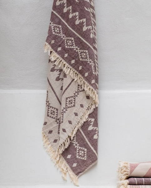 Peshtemal Turkish towel with kilim pattern, burgundy - Shopping Blue