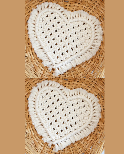 Shopping Blue - Heart-shaped Macrame coasters, set of 2, natural 